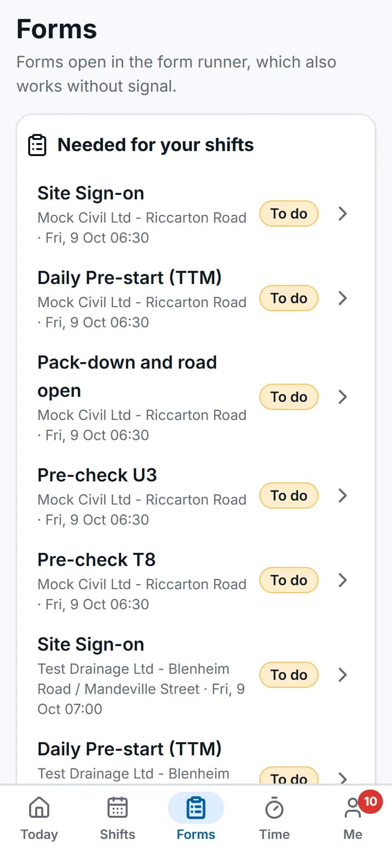 Field app forms: site sign-on, set-up checks and vehicle pre-checks needed for each shift